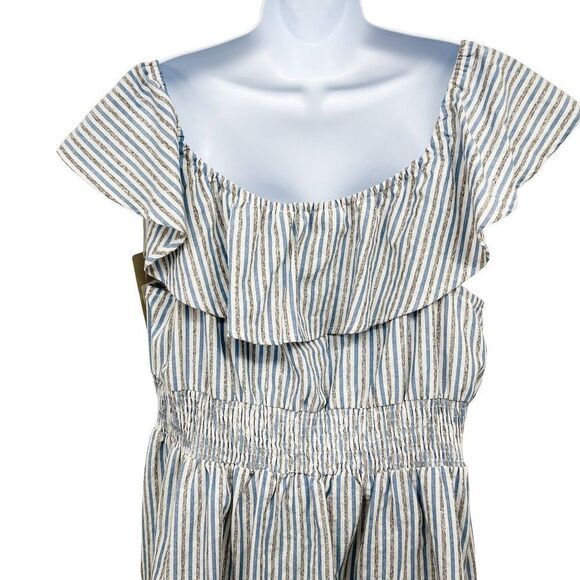 Lela Sky Striped Seersucker Cotton Linen Ruffle Plus Size Midi Dress - Picture 4 of 9